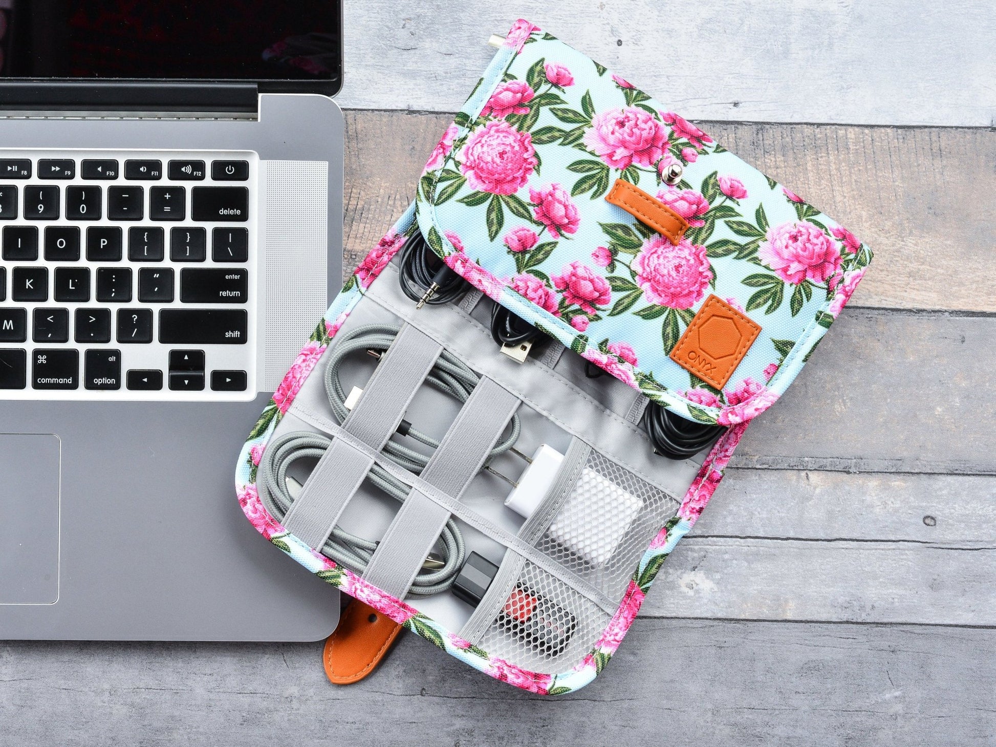 Olive, Blue, & Floral Electronics Organizer Bag – Portable Travel Accessories Case for Chargers, Cords, Cables, Batteries and More!