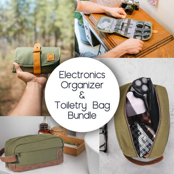 Olive Electronics Organizer Bag & Mens Toiletry Bag Bundle – Travel Accessories Case for Chargers, Cords, Cables, Batteries and Dopp Kit